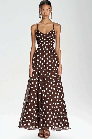 Coffee and White Spaghetti Straps A Line Boho Maxi Chiffon Polka Dot Dress